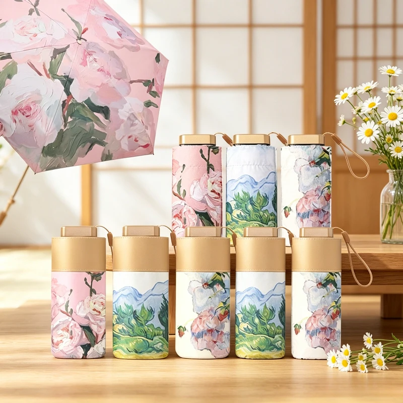 Art Oil Painting Print Umbrella Flat 6-Fold Ultra-Light Sun Shade UV Protection Compact Umbrella for Women Travel & Daily Use