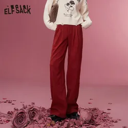 ELFSACK Free Belt Christmas Straight Pants Women 2023 Winter New Retro Korean Fashion Designer Bottoms