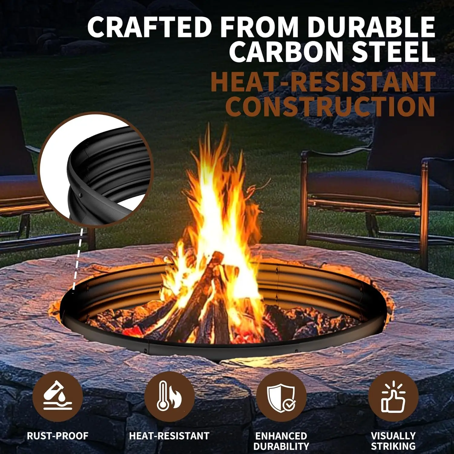 36 Inch Heavy Duty Fire Pit Ring for Outdoor Wood Burning, High-Temperature Coated, Ideal for Backyard, Bonfire, Camping, Beach view 3