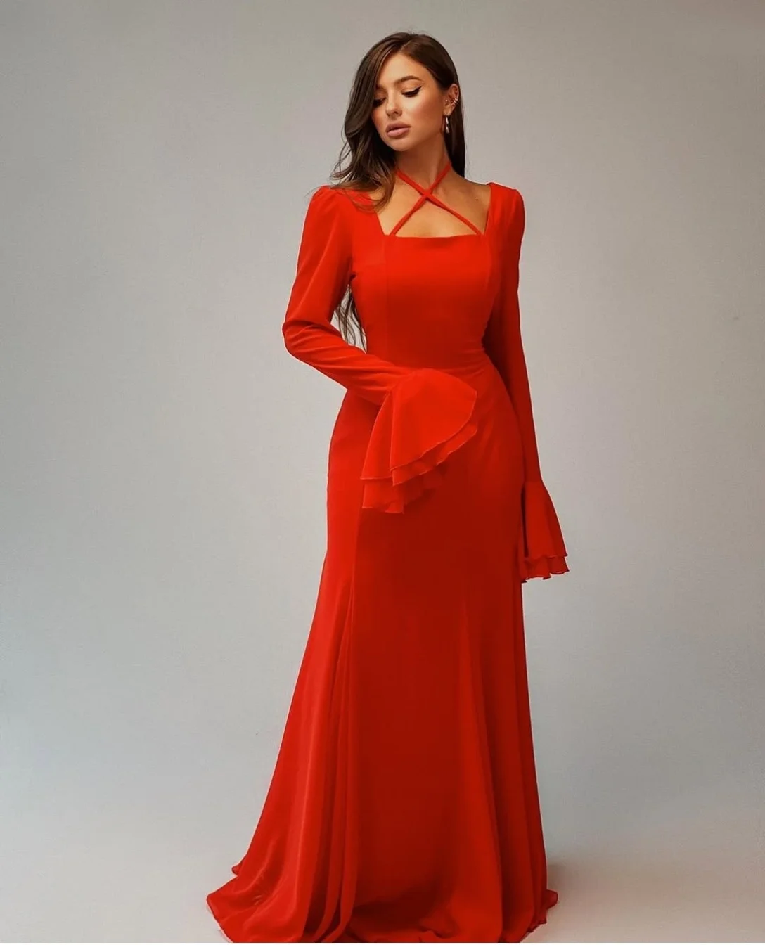 

Customized Long Red Chiffon Evening Dresses with Ruffles Mermaid Square Neck Formal Party Pleated Prom Dress for Women
