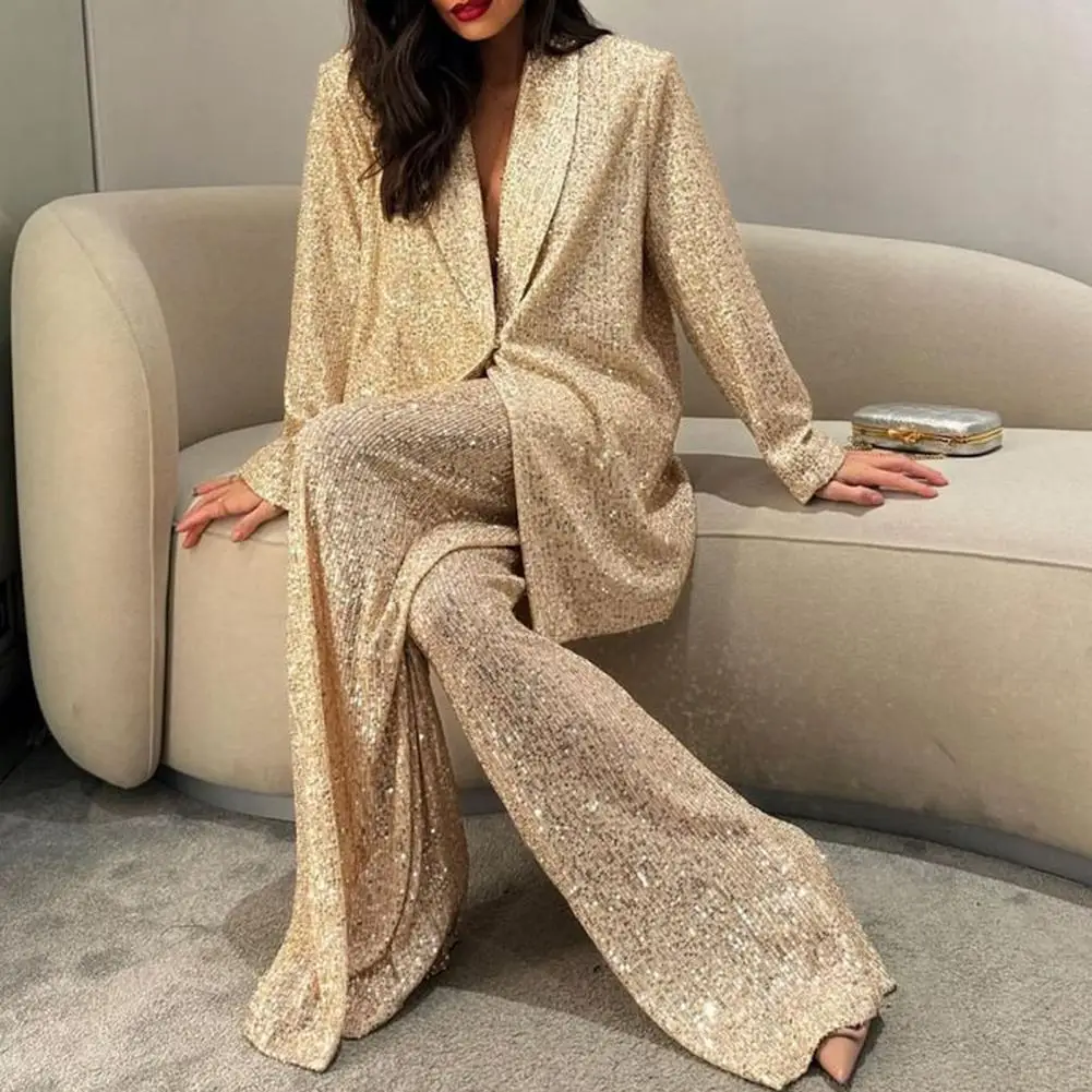 Women Sequin Shirt Pants Lapel V Neck Baggy Long Sleeve Mid Length Coat Wide Leg Oversized Trousers For Parties Celebrity Outfit