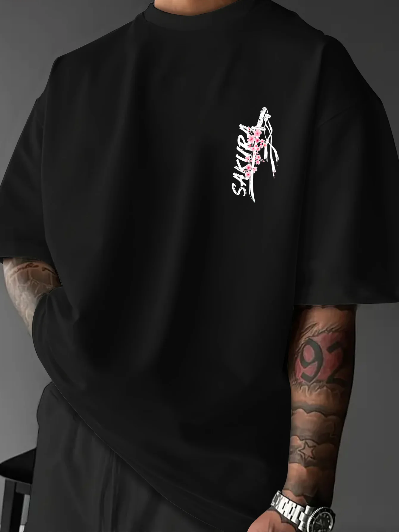 Men Streetwear T‑Shirt Japan Cherry Blossom Sword Graphic Drop‑Shoulder Oversized Casual Short Sleeve Top