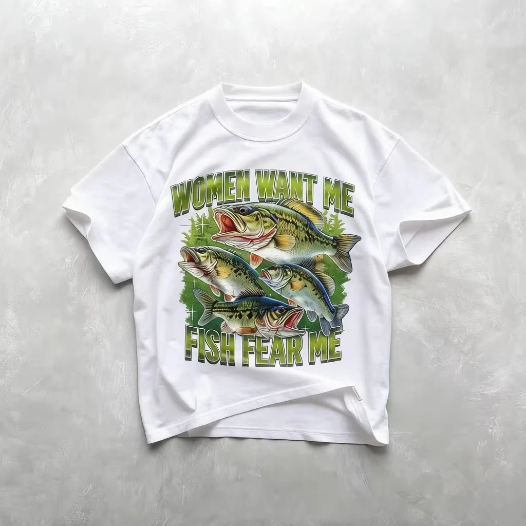 Unisex Cotton Graphic T-shirt Funny Fishing Print Vintage Y2K Harajuku Streetwear Casual Loose O-Neck Breathable Fisherman Daily