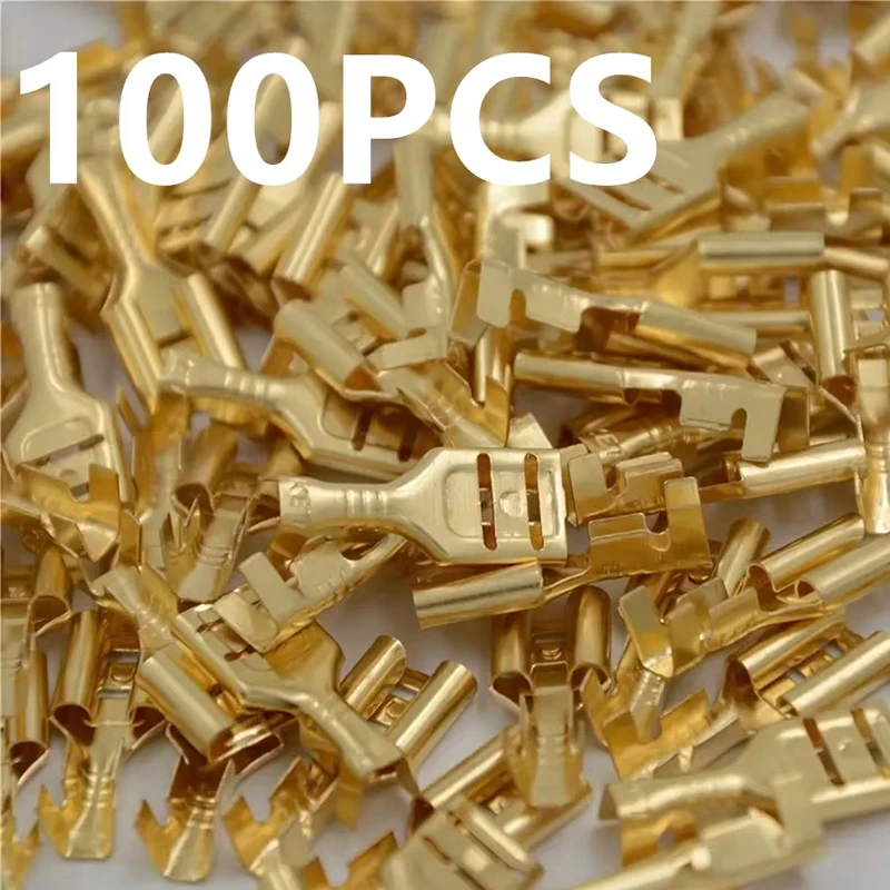 100pcs 6.3mm Golden Brass Car Speaker Female Shovel-shaped Terminal Wire Connector