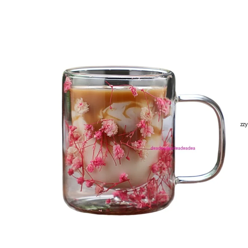 

High borosilicate double layer heat insulation real dried flower glass high value coffee household juice milk cup