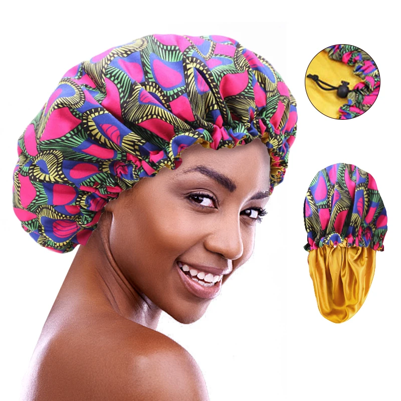 Women Large Satin Ankara Bonnets Elastic Lined African Head Sleep Bonnet Female Wrap Cap Print Head Cover Bonnets Turban