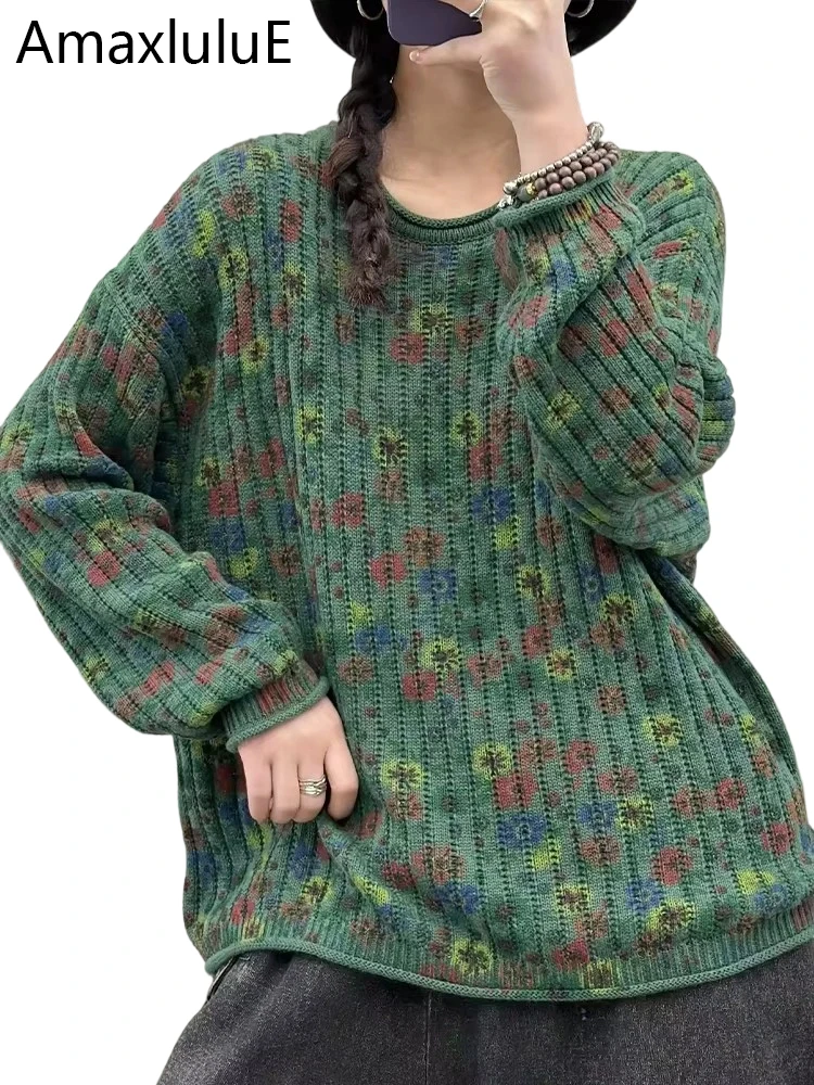 

Amax luluE Ladies Printed Leisure Winter Jumpers Fashion Vintage Womens Sweater Big Size Classic Luxury Cotton O Neck Pullover