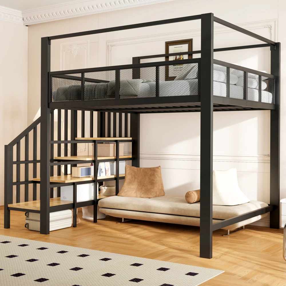 Image of Metall-Hochbett mit dekorativem Baldachin, integriertem Schreibtisch, Stauraum unter dem Bett, Treppe, umlaufendem Sicherheitsgeländer, robustem Einzel-Hochbettgestell, platzsparend,