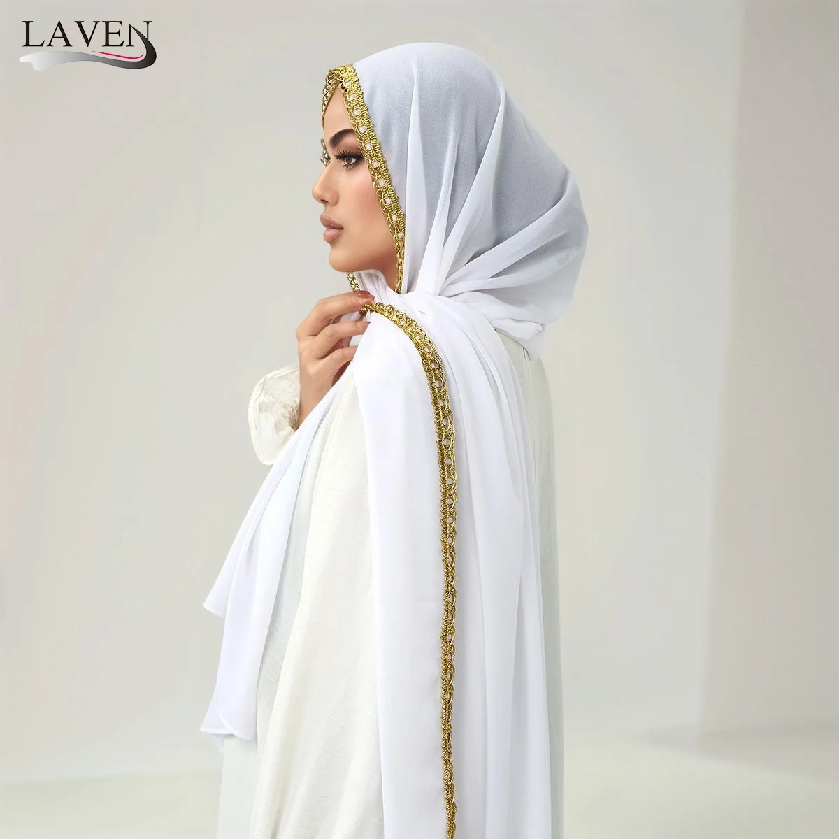 أنيقة الذهب الدانتيل وشاح شيفون المرأة المسلمة قسط الحجاب حك النمط العربي عادي عمامة شالات الإسلام عقال هدايا رمضان #1