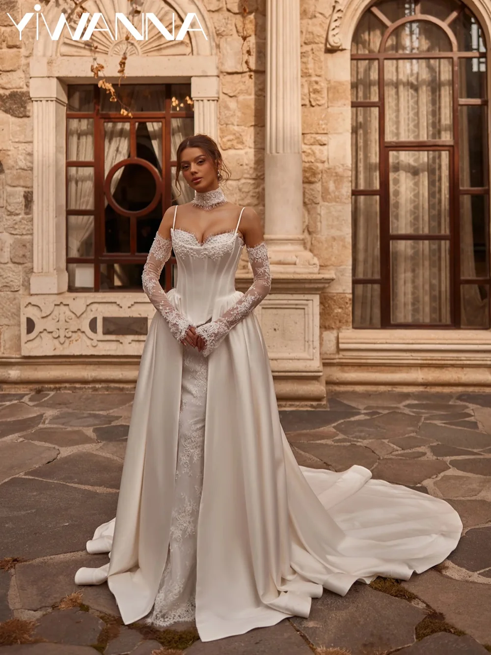 

Detachable Train Pearls Lace Wedding Dress Structured Corset Elegant Thin Straps Bridal Gown New Customized Dresses For Bride