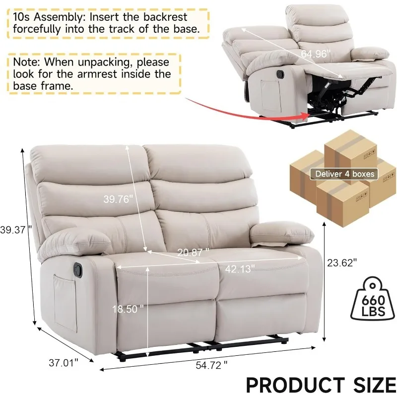 Loveseat Recliner Sofa, Small Sofa Couch, PU Leather Reclining Sofa 2-Seater Manual Double Seater Recliner with Side Pockets