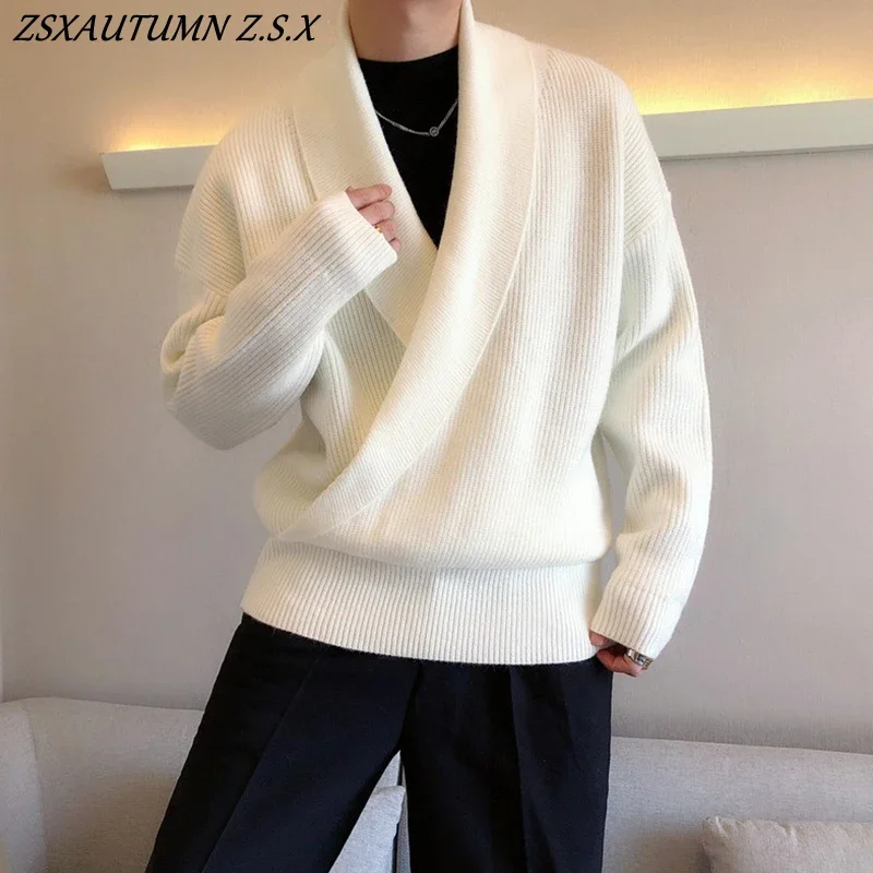 2023 Knitted Light Luxury Pullovers Sweater Men Casual Vintage V Neck Knit Tops Streetwear Loose Stylish Autumn Winter Fashion