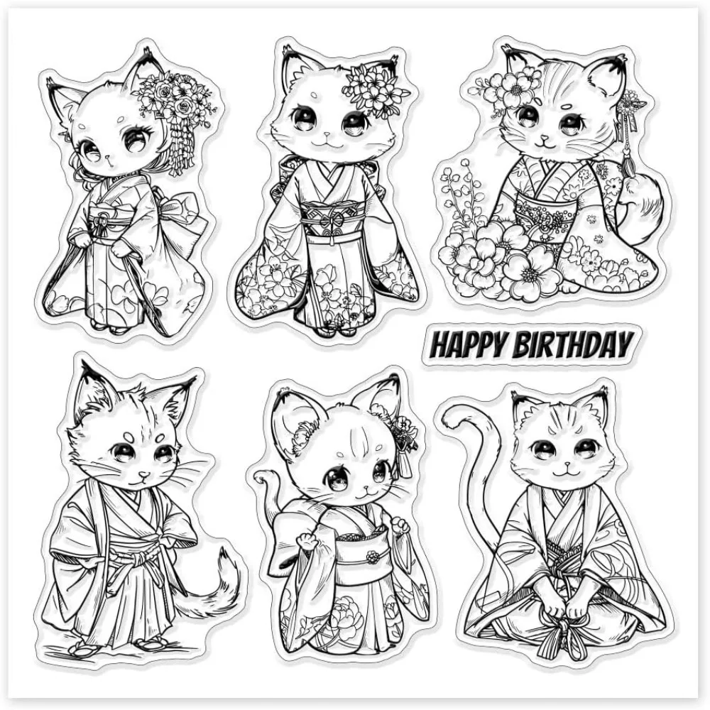 1szt Kimono Cat Clear Stamps for Cards Making Japanese Style Cat Clear Stamp Seals 5.91x5.91inch Transparent Stamps for DIY