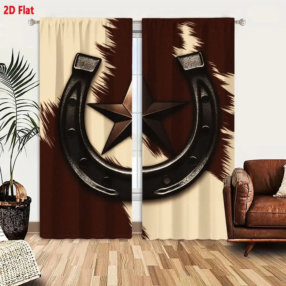 2Pcs Curtains 2D Flat Metallic Bronze Star Inside Weathered Iron Horseshoe On Beige And Brown Background Window Drapes for Bedro