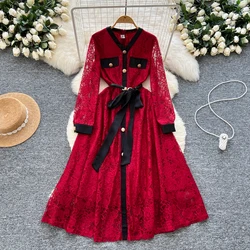 Elegant Long Sleeve Vintage V-neck Chic Metal Buckle Bandage Lace Slim Long Dresses Streetwear High Street Autumn Women Clothing