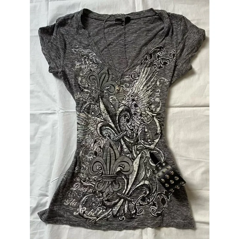 

Vintage Subcultural Hottie Tops Sexy Y2k Aesthetic Pattern Print T-Shirts Streetwear Gray Punk Slim Tees Harajuku Gropa Mujer