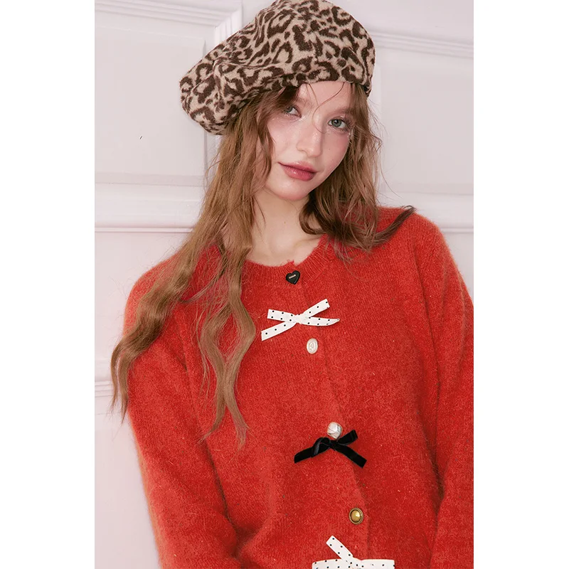 ELFSACK Preppy Sweet Kardigan damski z ozdobną kokardą 3D i różnymi guzikami