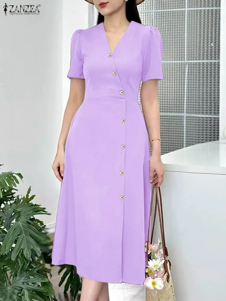 

ZANZEA Elegant Women's V-Neck Midi Dresses Casual Short Sleeve Buttons Solid Color A-Line Dress Office Commuting Wear S-3XL
