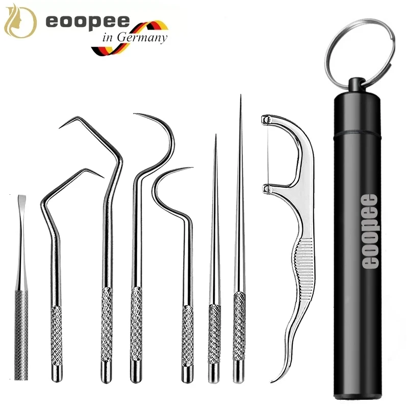 黒歯ピックステンレス鋼 8 個再利用可能なつまようじセットフロスキーホルダー歯のクリーニング美容ツール家庭用屋外