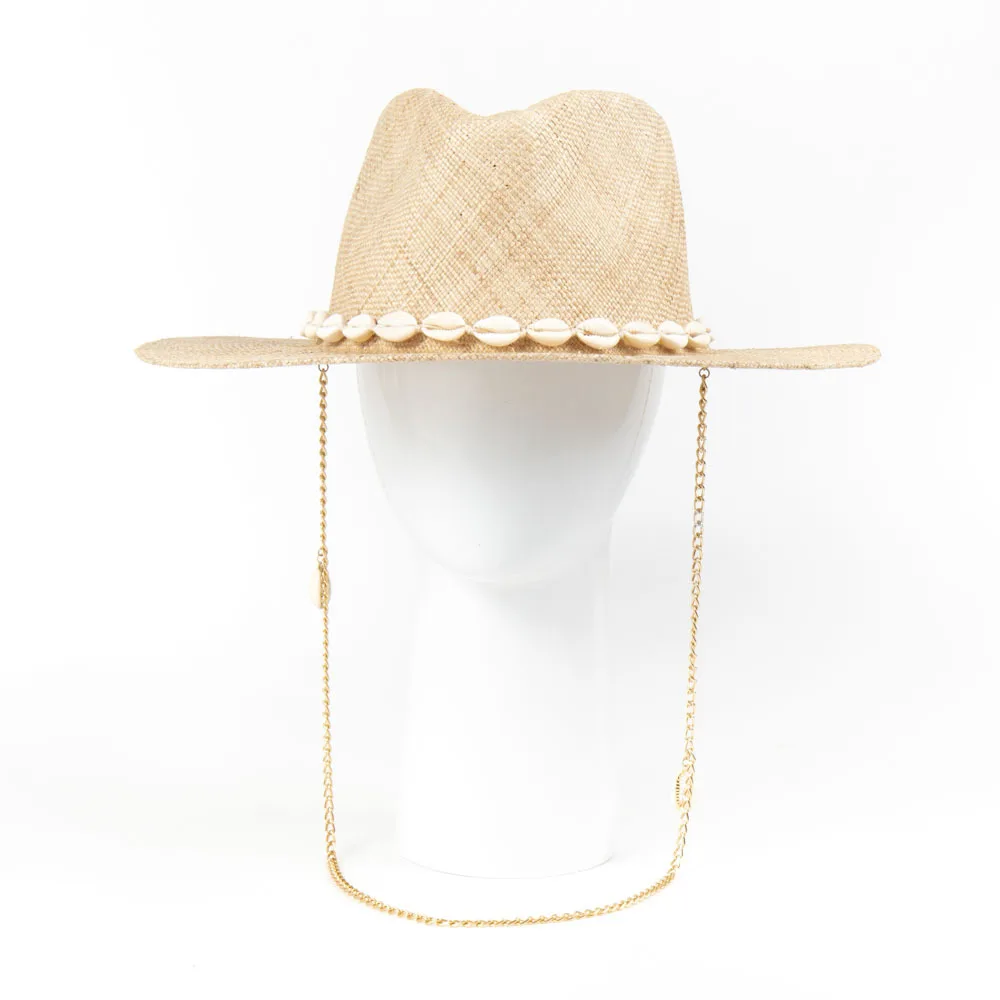 European Wide Brim Treasure Grass Shell Straw Hat for Women, High End Chain Sun Cap, Spring Summer Beach UV Protection Hat