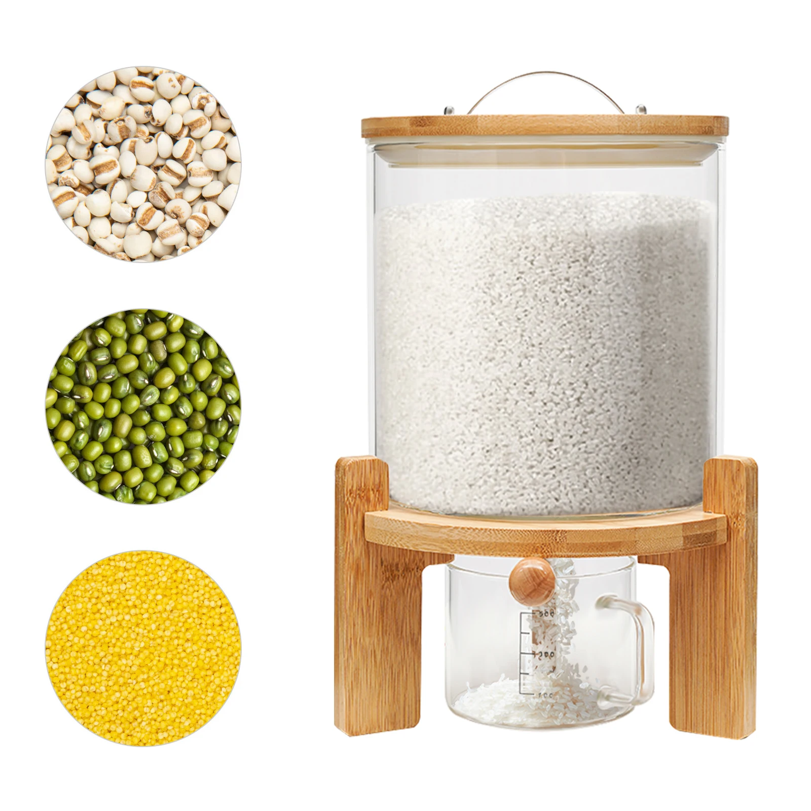 

5L/7.5L Dry Food Dispenser Flour Cereal Airtight Container Grain Storage Container Rice Dispenser With Lid And Wooden Stand