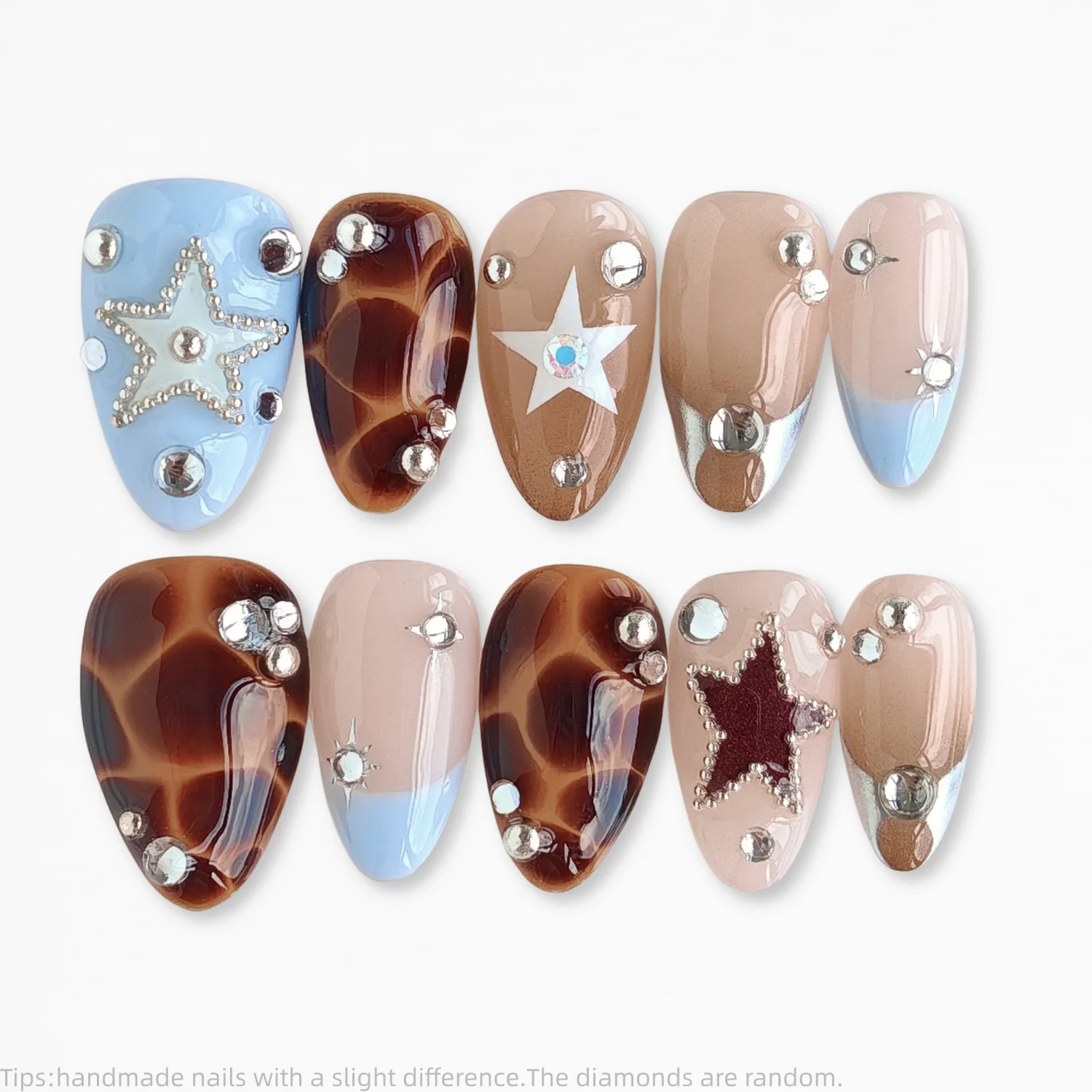 

10PCS Handmade y2k Press on Nails Tortoiseshell Star Short Almond False Nails Sweet Style Wearable Reusable Spring Fake Nails