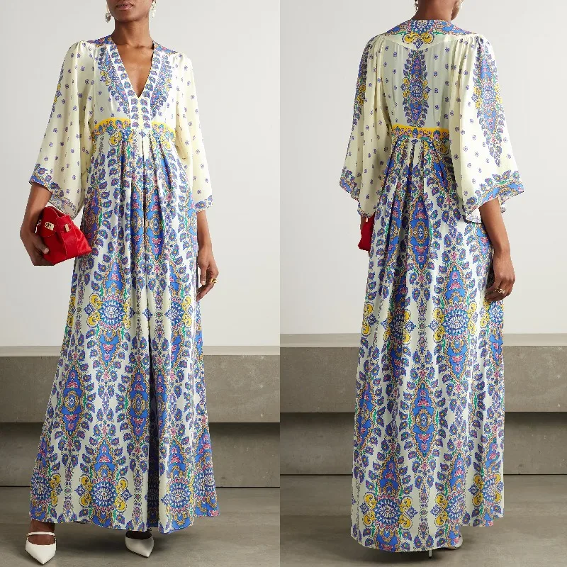 Dames zomer Boho bloemen maxi-jurk Vintage Y2K casual V-hals korte mouw lange jurk voor strandvakantie