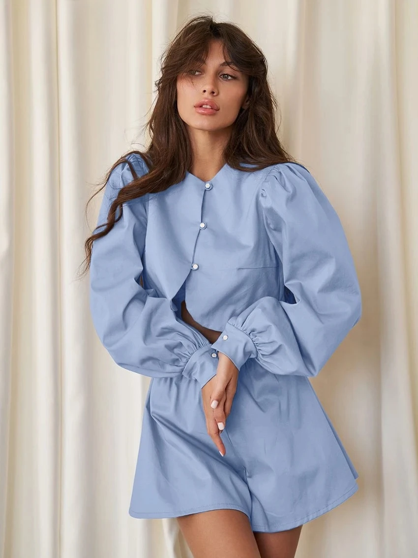 

Модный свободный синий хлопковый женский комплект из двух предметов, элегантный укороченный топ с длинными рукавами и шорты с высокой талией, женский комплект