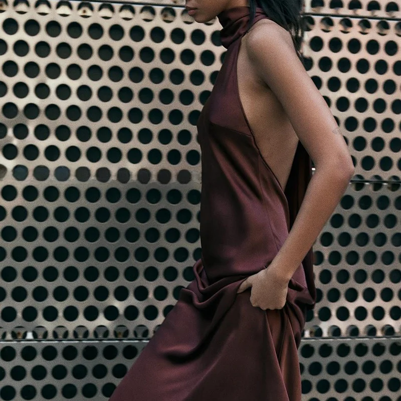 Zijde Satijn Lange Svel A-lijn Dr Damesjurk met hoge kraag Street Sle Polyestervezel Herfstcollectie 2024