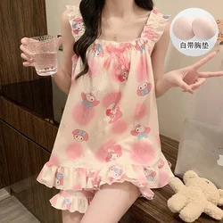 Sanrio New Meilti Sling Pajamas Ice Silk Leisure Lightweight Breathable with Chest Pad Please Cool Cute Cartoon Home Pajamas