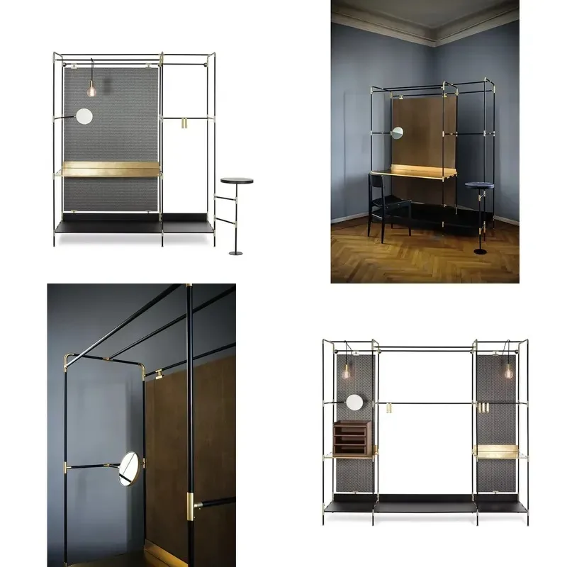 Italian Design Gold Black Metal Storage Rack Multi Layer Coat Rack Wooden Panel Display Shelf for Living Room
