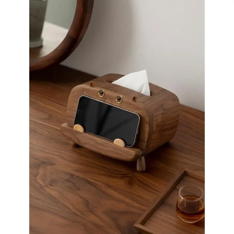 Solid wood cute pumping carton, ornament creative multi-function, mobile phone holder, home living room, tissue box storage