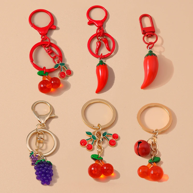 Cute Resin Simulation Fruit Cherry Keychain Chilli Key Ring Pendants for Women Girls Handbag Accessories DIY  Jewelry Gift