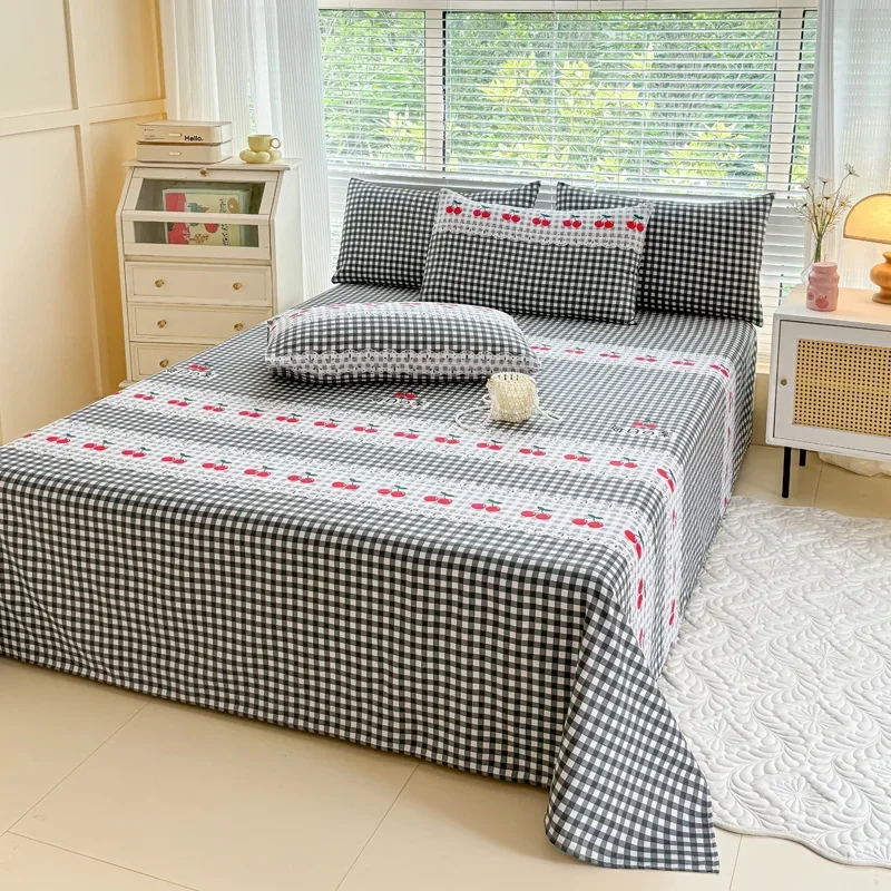 Japanese Cherry Plaid Pattern Bed Sheet Set Simple Style Cotton Comfortable Flat Sheet with Pillowcases Queen Size Bedding Set