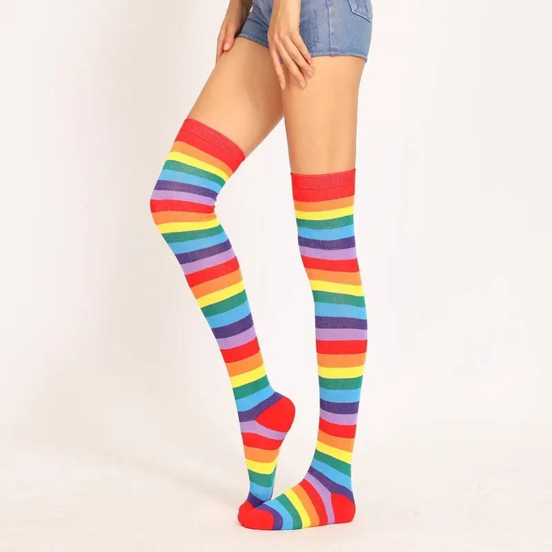 1 Pair Rainbow Striped Christmas Over The Knee High Socks Colorful Sexy Night Dance Street Personality Thigh Long Tube Stocking