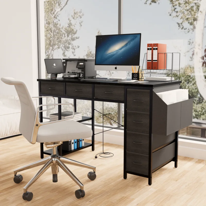 

Black Gamer Computer Desk with 7 Drawers 47Inch Simple Desk for Small Space Home Office Modern Study Writing Table PC Desks