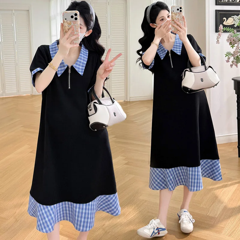 Maternity Dress Summer 2026 Minimalist Casual Loose Plaid Patchwork Short Sleeve Long Dress for Pregnant Women