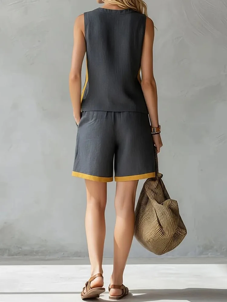 Short Pants Casual Patchwork Two Pieces Sets, Women Spring Summer Sleeveless Solid Outfits, 2026 Loose O Neck Ladies 2PC Suits