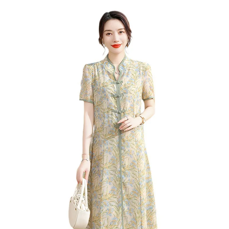 Mom's Summer Mid Length Short Sleeved Cheongsam Dress, Middle-aged Women's Temperament, Fashionable And Slim Long Skirt Printing