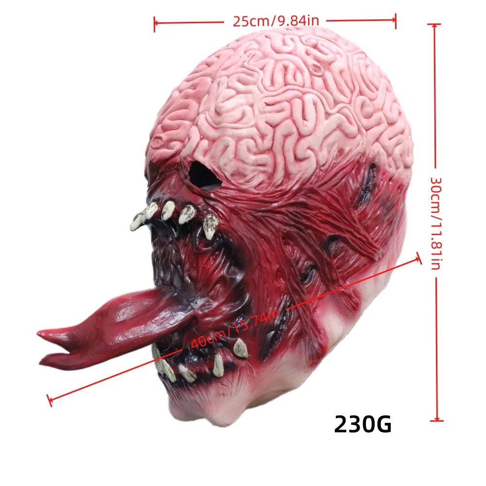 Horror Exposed Brain Full Face Latex Mask Bloody Monster Mask with Long Tongue & Sharp Fangs Costume Mask for Halloween Party, Haunted House Escape Room Cosplay Prop, Creepy Full Head Mask for Themed Party Decoration