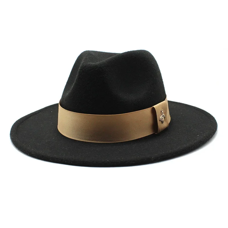 

Classic fedora hat women's ribbon big brim hat autumn and winter woolen flat brim top hat for men women woolen Panama jazz hat