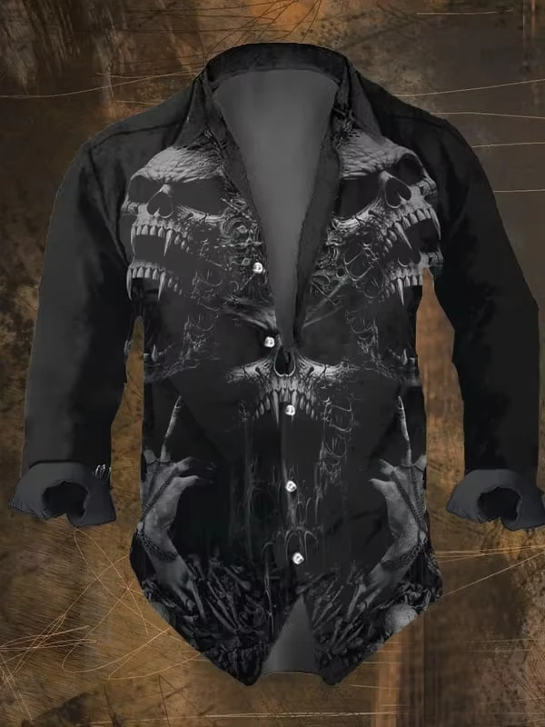 

Men's Vintage Dark Skull Print Long Sleeve Shirt, Black Lapel Collar Top Regular Fit Streetwear Polyester