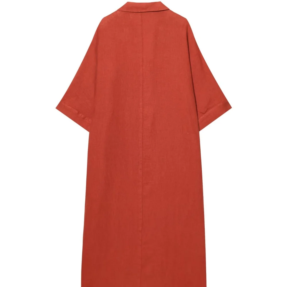 リネン混紡ロングシャツワンピース 無地 ルーズフィット フリップカラー 七分袖 夏新作 レディース カジュアル ロングワンピース