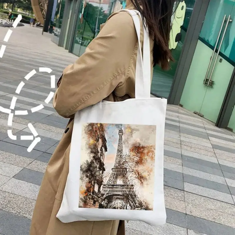 Ink Painting Watercolor  Shoulder Bags Large Capacity New York Paris Shopping Bag Fashion Tote Handbag Canvas Girl Environmental