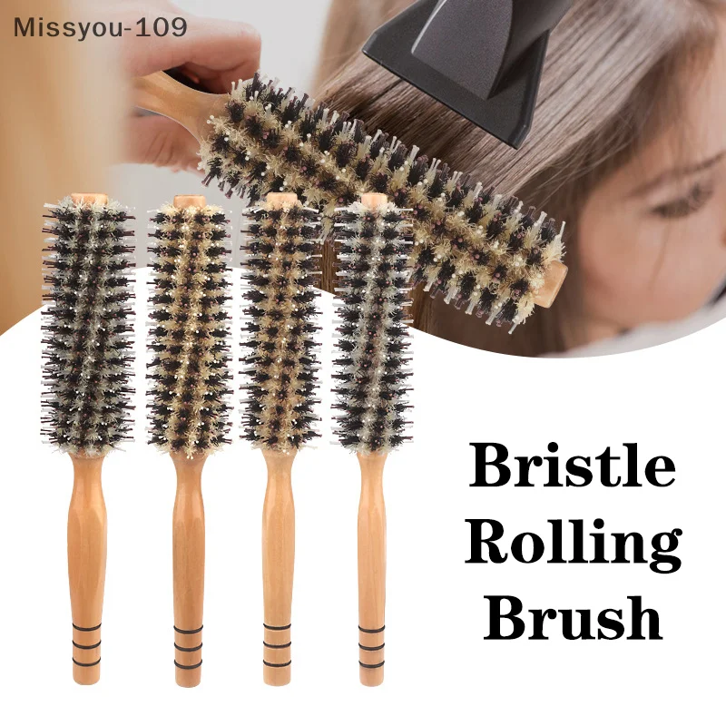 Natural Boar Bristle Wood Roller Brush For Women, Round Barrel Comb For Curly Hair And Hairdressing