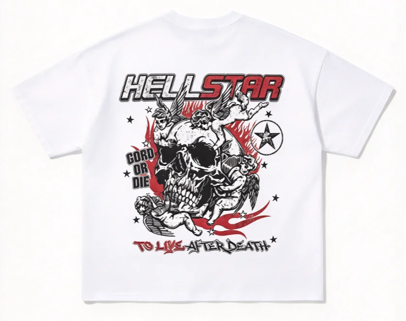 2026 Gothic Art T Shirt Back Print Distressed Skull Cherub Angels Flame Star Retro Worn Lettering Art Unisex Cotton