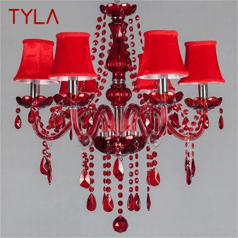 

TYLA European Style Chandelier Red Pendant Crystal Candle Luxury LED Light Fixtures Modern Indoor for Home Living Room