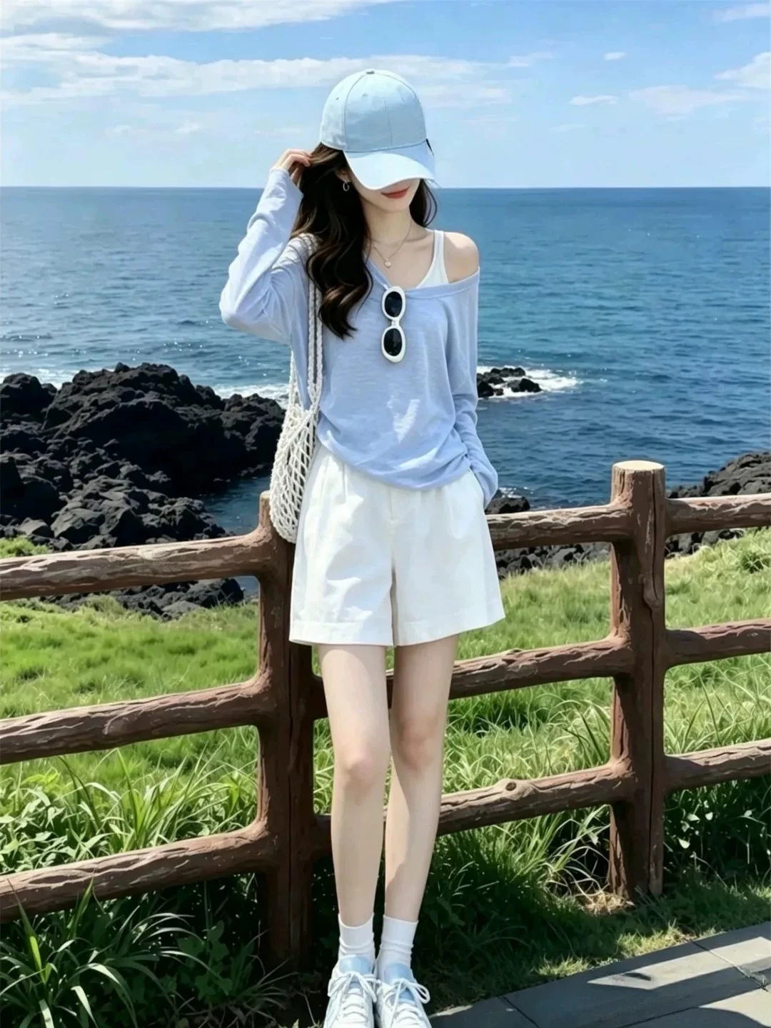 Blue Long Sleeve T-Shirt Set Beach Vacation Sun Protection Layering Tank Top Two-Piece Set Korean Style Loose Fit Cotton Poly...