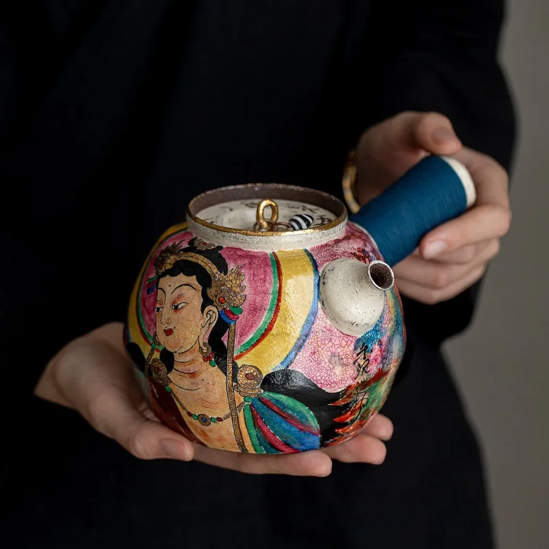 Hand-painted water moon Guanyin pottery side handle pot, handmade charcoal stove electric ceramic stove for boiling teapot retro