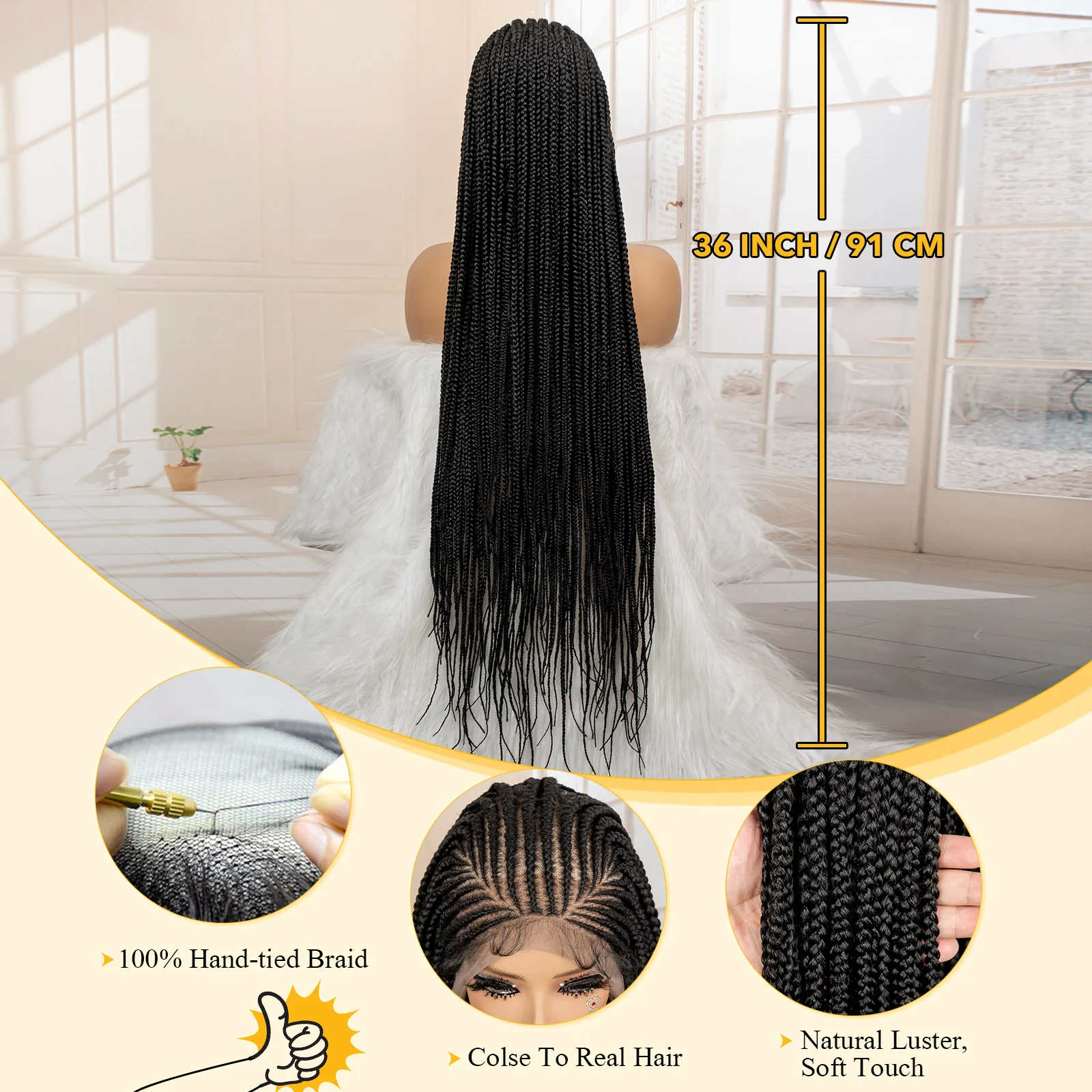 Wig Kepang Kotak Tanpa Simpul Sintetis Afrika 36 Inci Wig Kepang Renda Penuh Wig Kepang Cornrow Rajutan Buatan Tangan untuk Wanita Kulit Hitam